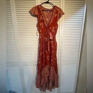 Red front tie maxi dress